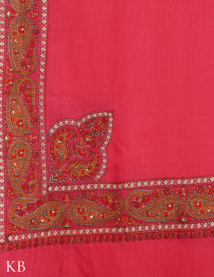 Barbie Pink Sozni Zari Palla Embroidered Polywool Shawl - Kashmir Box