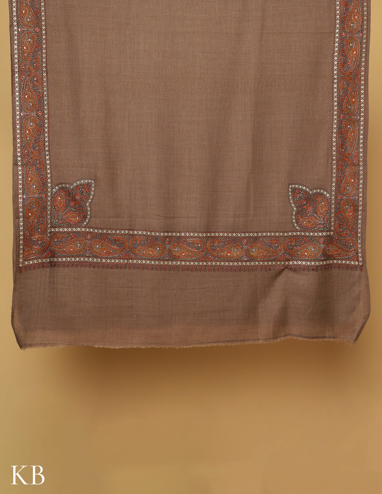 Warm Sand Sozni Zari Palla Embroidered Polywool Shawl - Kashmir Box