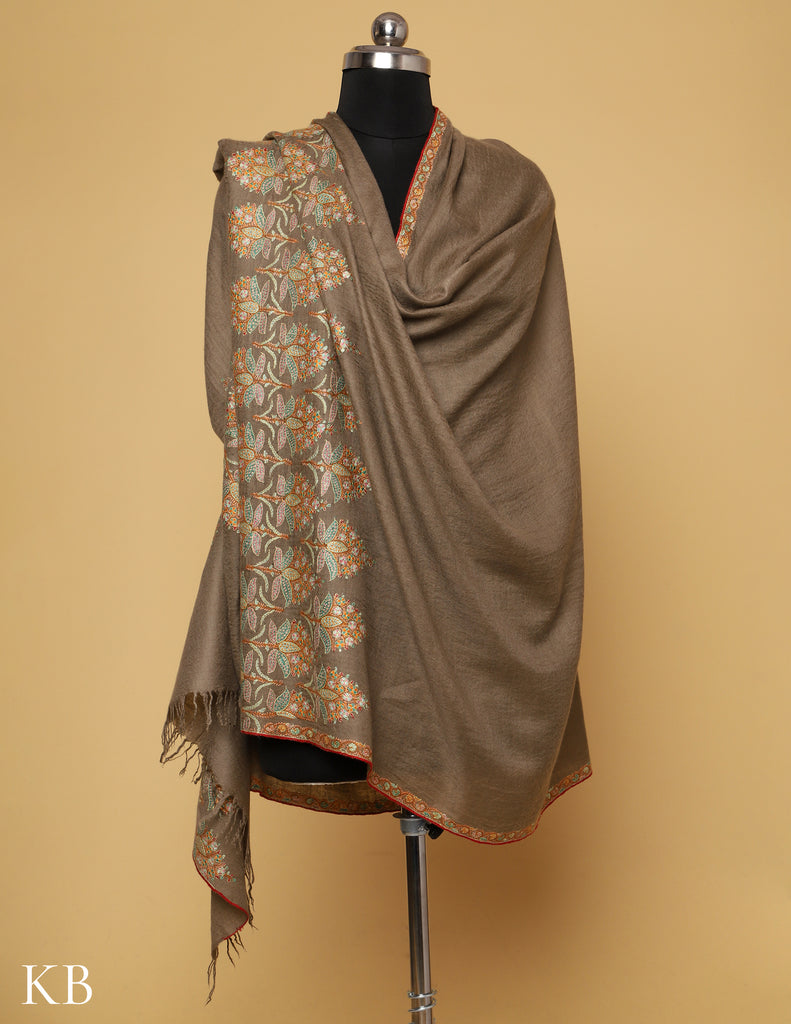 Dark Beige Sozni Embroidered Pashmina Shawl - Kashmir Box
