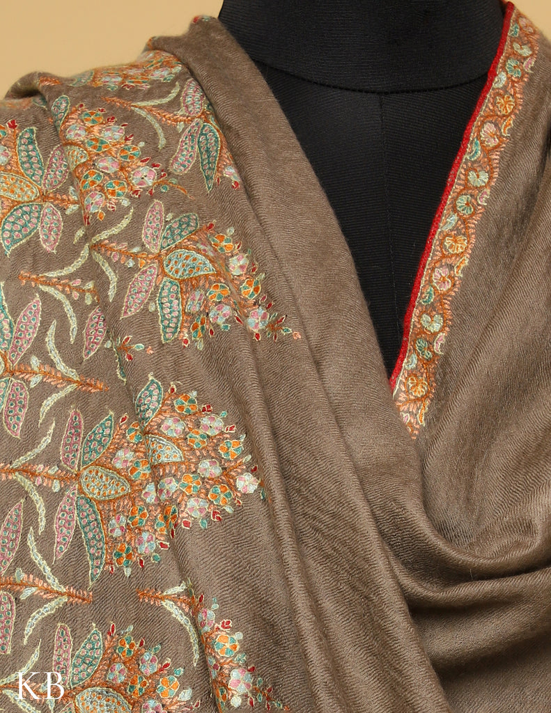 Dark Beige Sozni Embroidered Pashmina Shawl - Kashmir Box