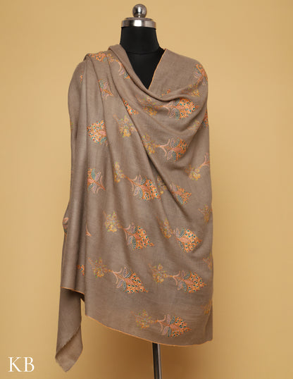 Dark khaki Sozni Embroidered GI Pashmina Shawl - Kashmir Box