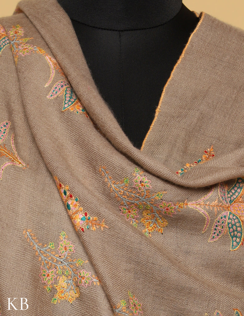 Dark khaki Sozni Embroidered GI Pashmina Shawl - Kashmir Box