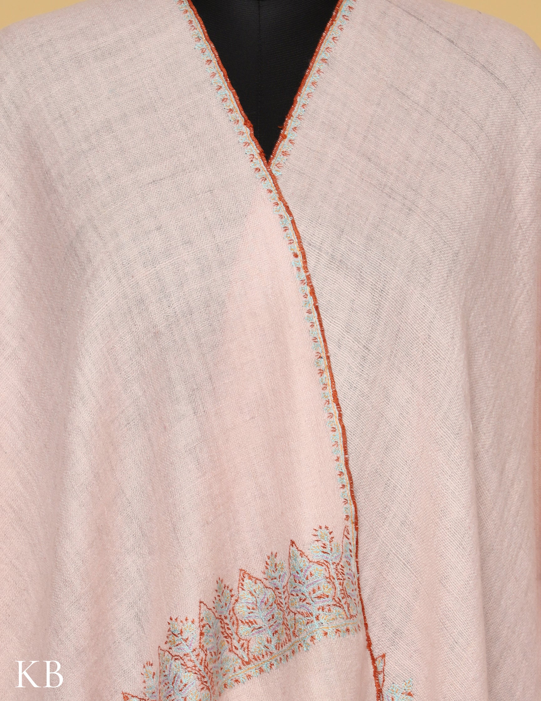 Pastel Pink Sozni Embroidered GI Pashimna Stole - Kashmir Box