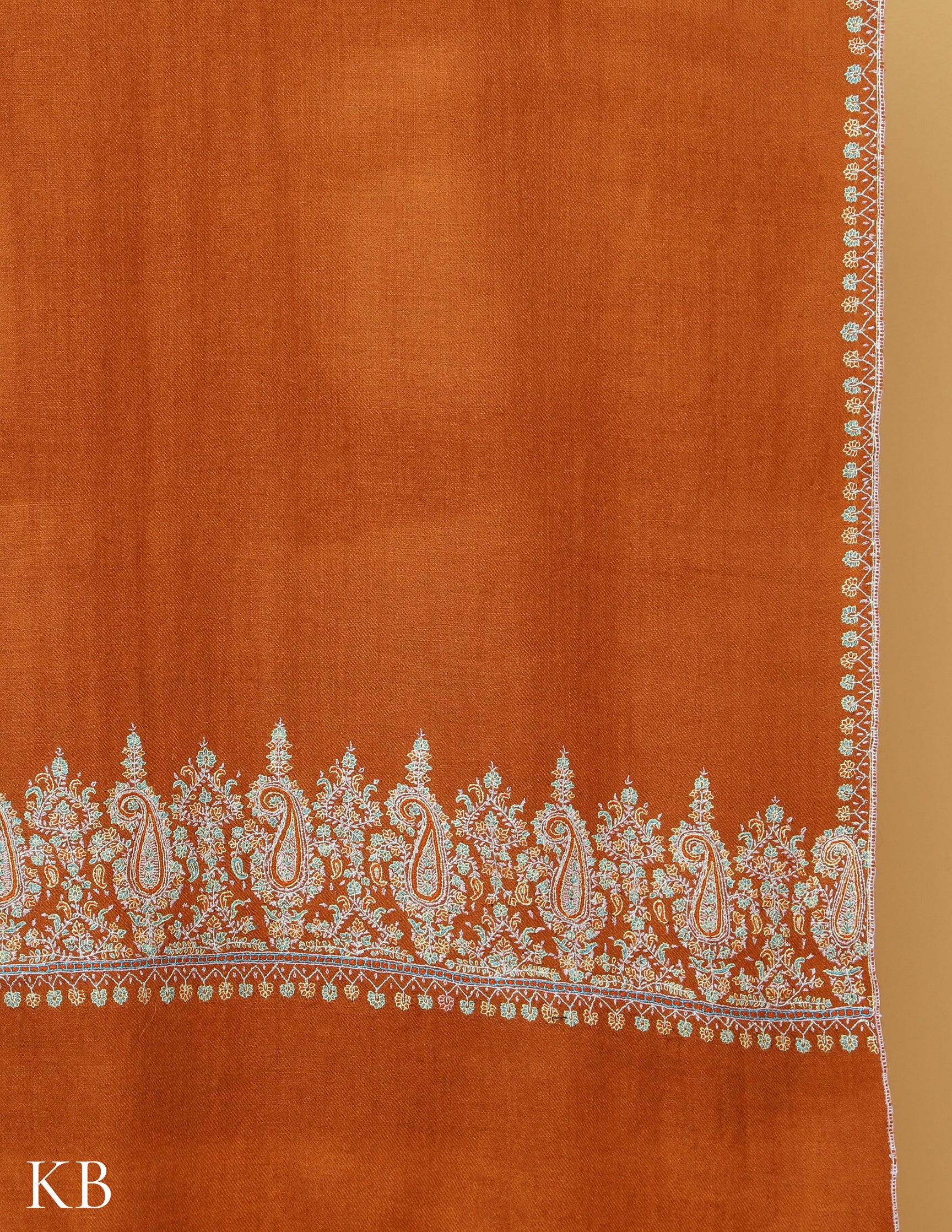 Rust Orange Sozni Embroidered GI Pashmina Shawl - Kashmir Box