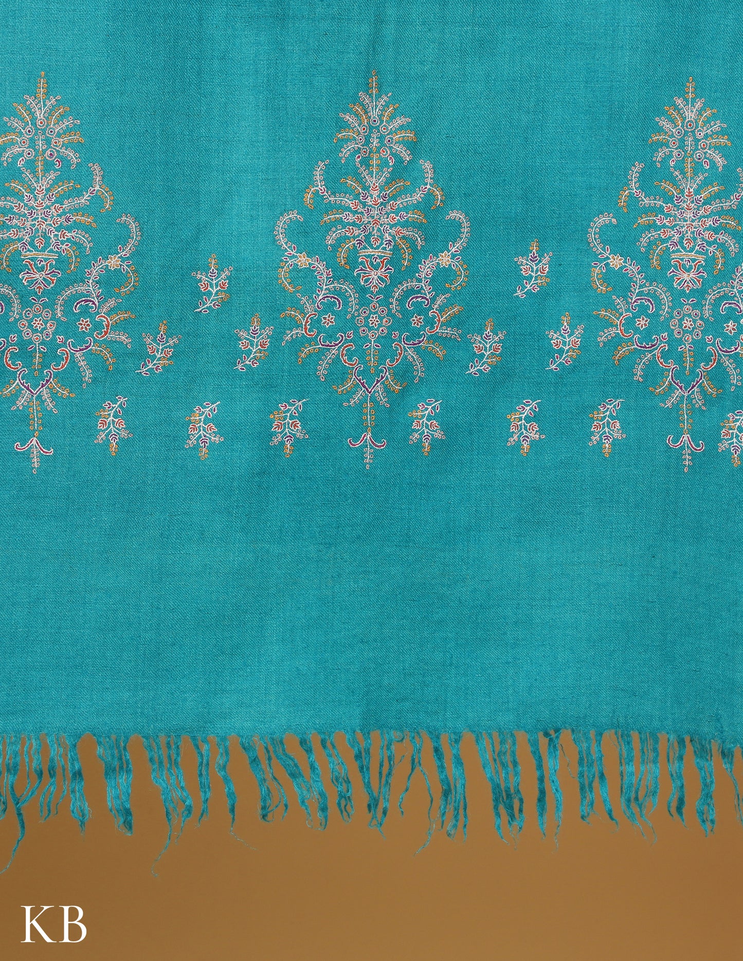 Teal Blue Sozni Embroidered GI Pashmina Shawl - Kashmir Box