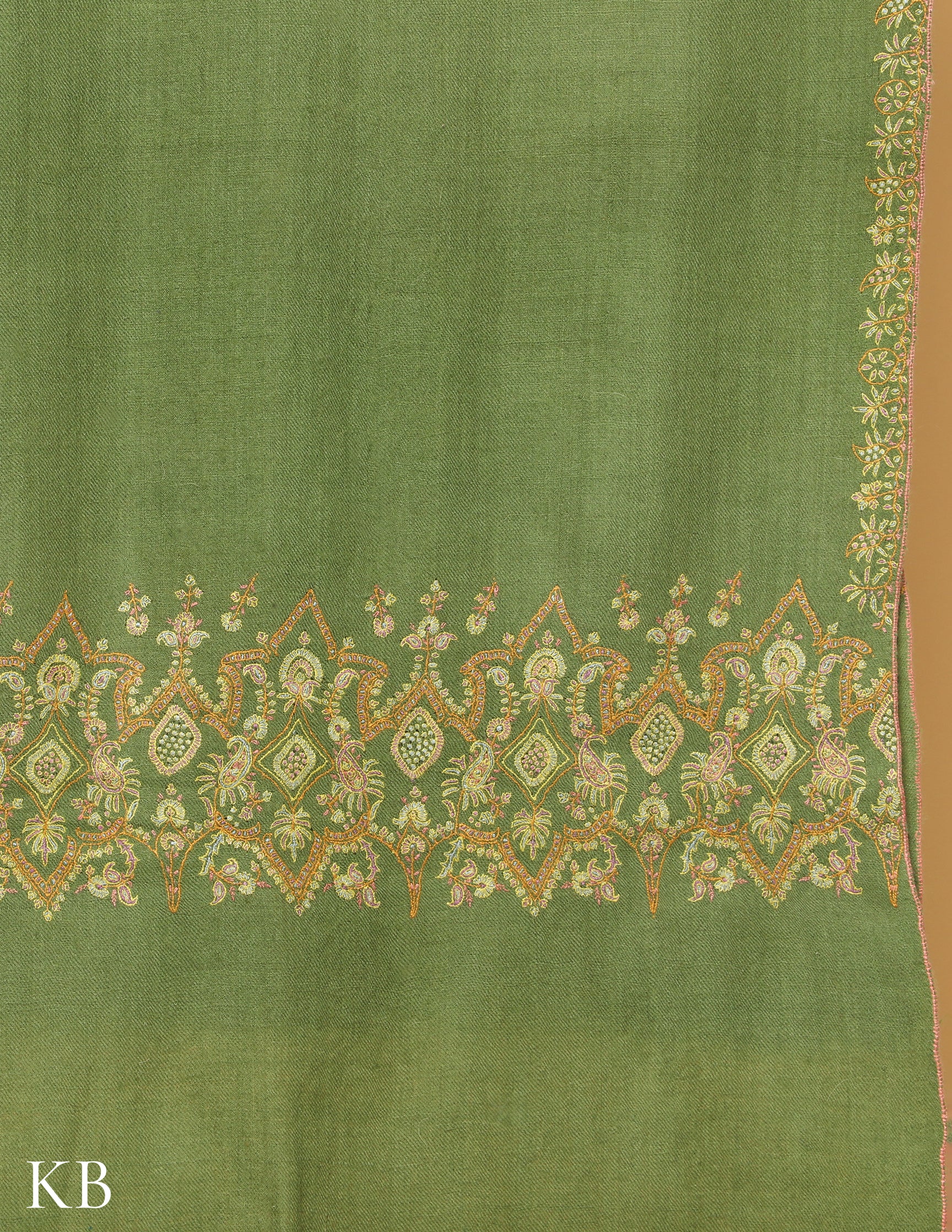 Mint Green Sozni Embroidered GI Pashmina Shawl - Kashmir Box