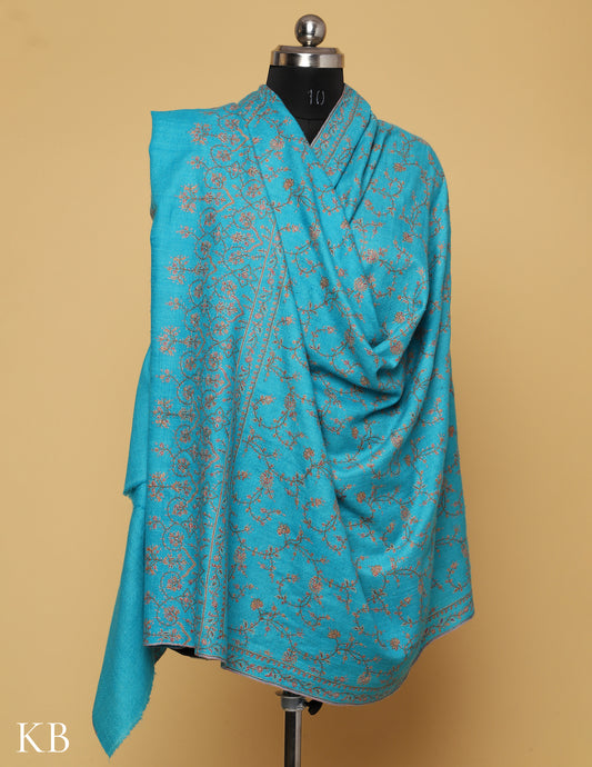 Sea Blue Sozni Embroidered GI Pashmina Shawl - Kashmir Box
