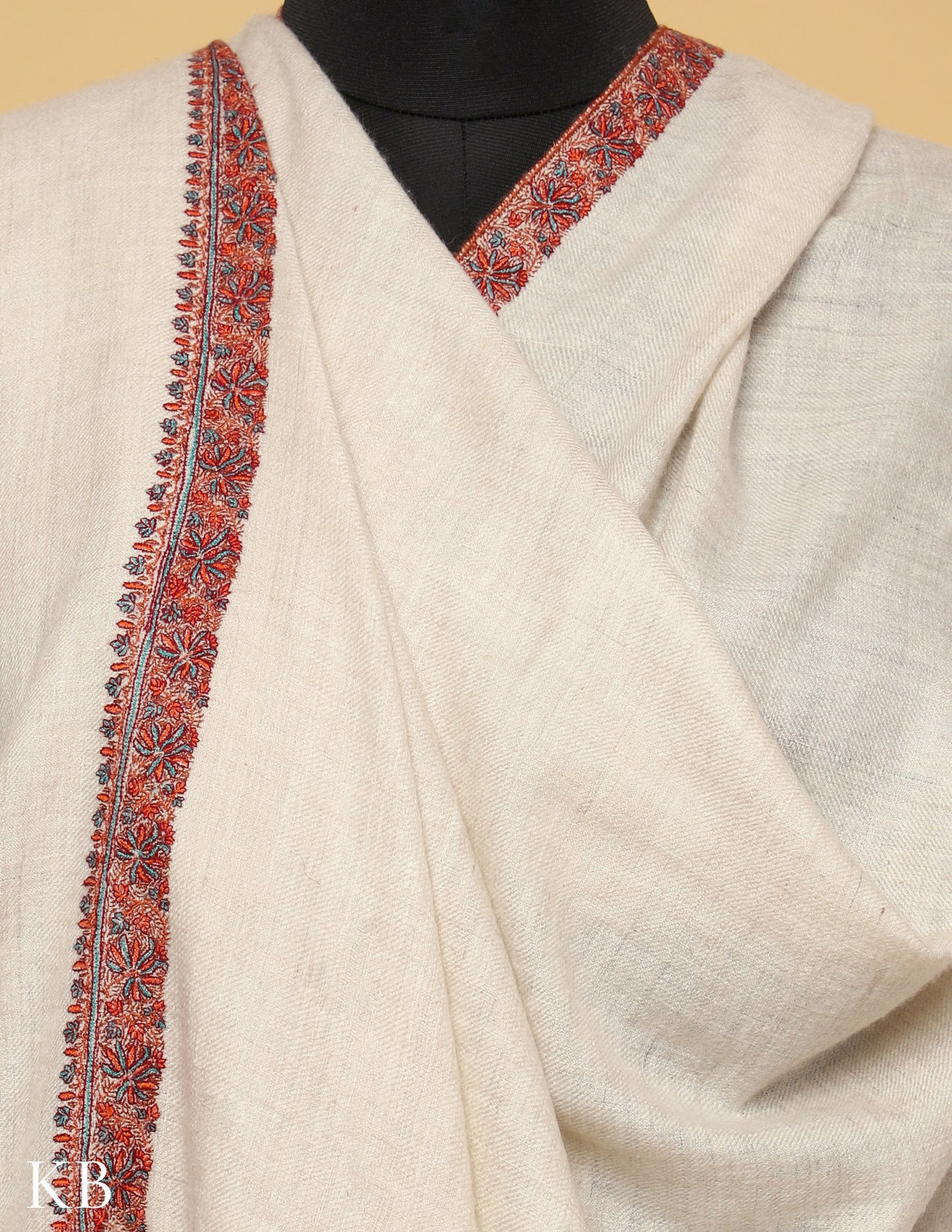 Ivory Sozni Embroidered GI Pashmina Shawl - Kashmir Box