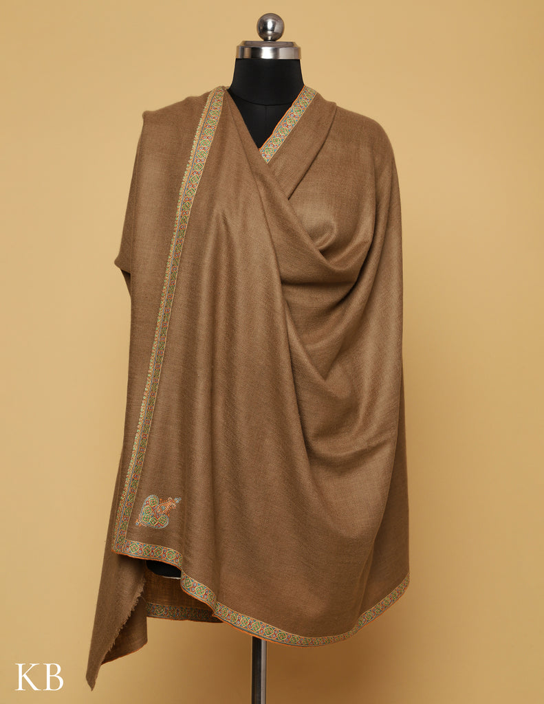 Earthy Brown Sozni Embroidered GI Pashmina Shawl - Kashmir Box