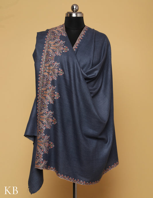 Slate Grey Sozni Embroidered GI Pashmina Shawl - Kashmir Box