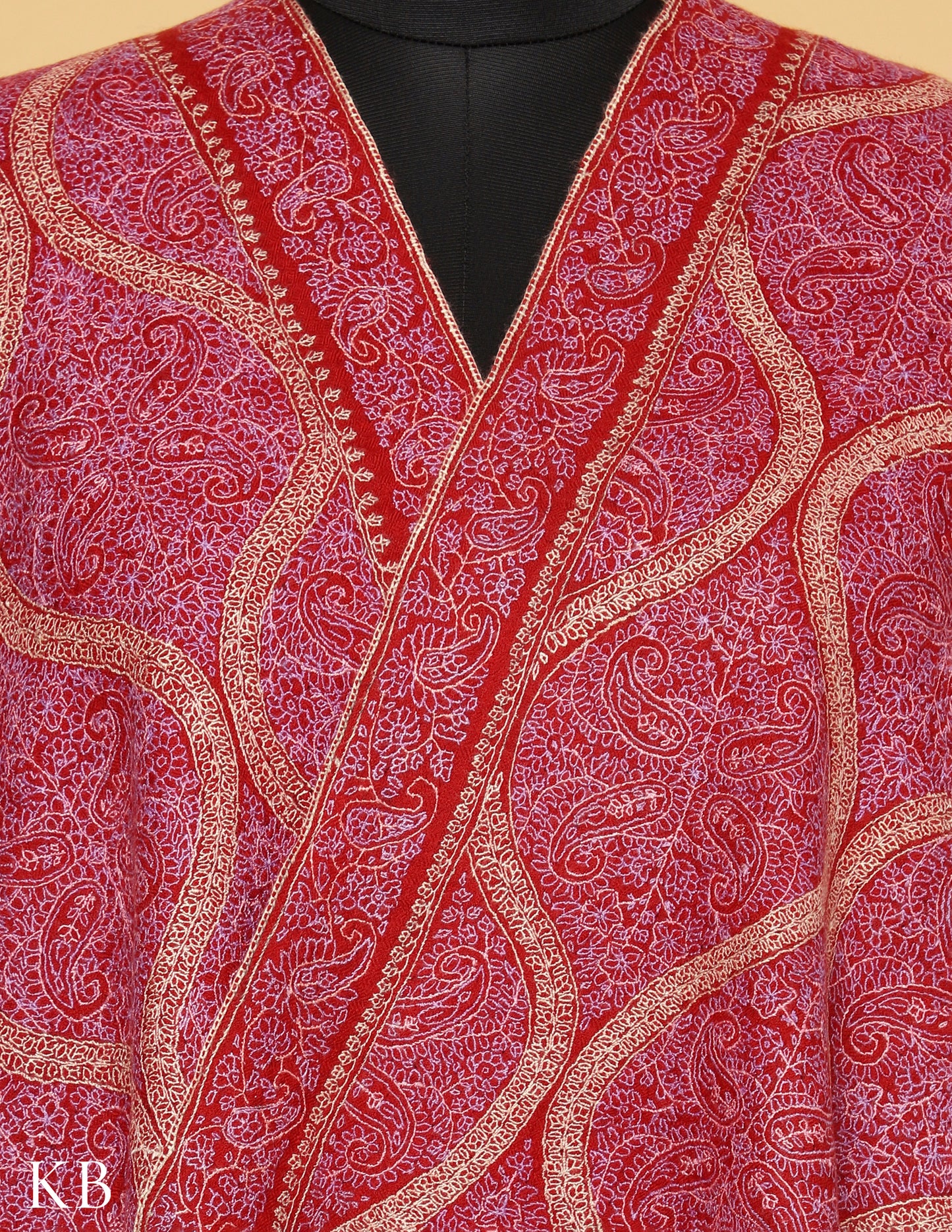 Chinese Red Sozni Embroidered Pure Pashmina Stole - Kashmir Box