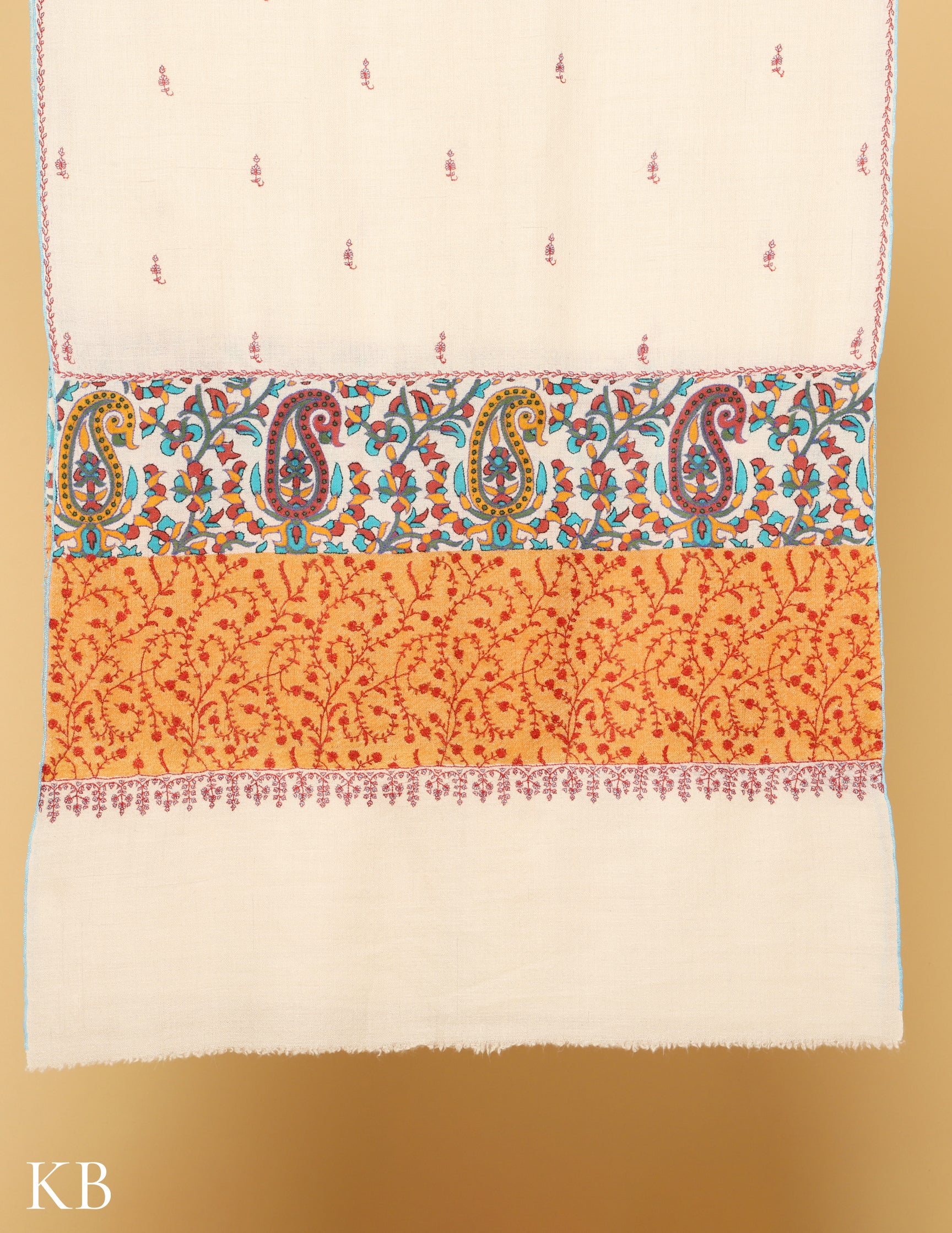 Pearl White Kalamkari Palla Sozni Embroidered Pure Pashmina Stole - Kashmir Box
