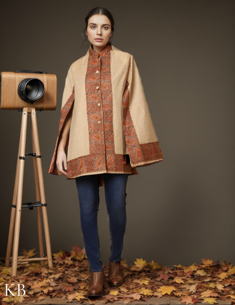 Beige Luxe Sozni Zari Woolen Cape Jacket - Kashmir Box