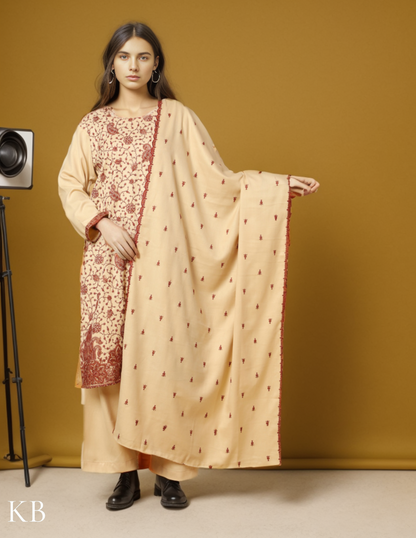 Buttercream Bliss Sozni Embroidered Woolen Suit - Kashmir Box