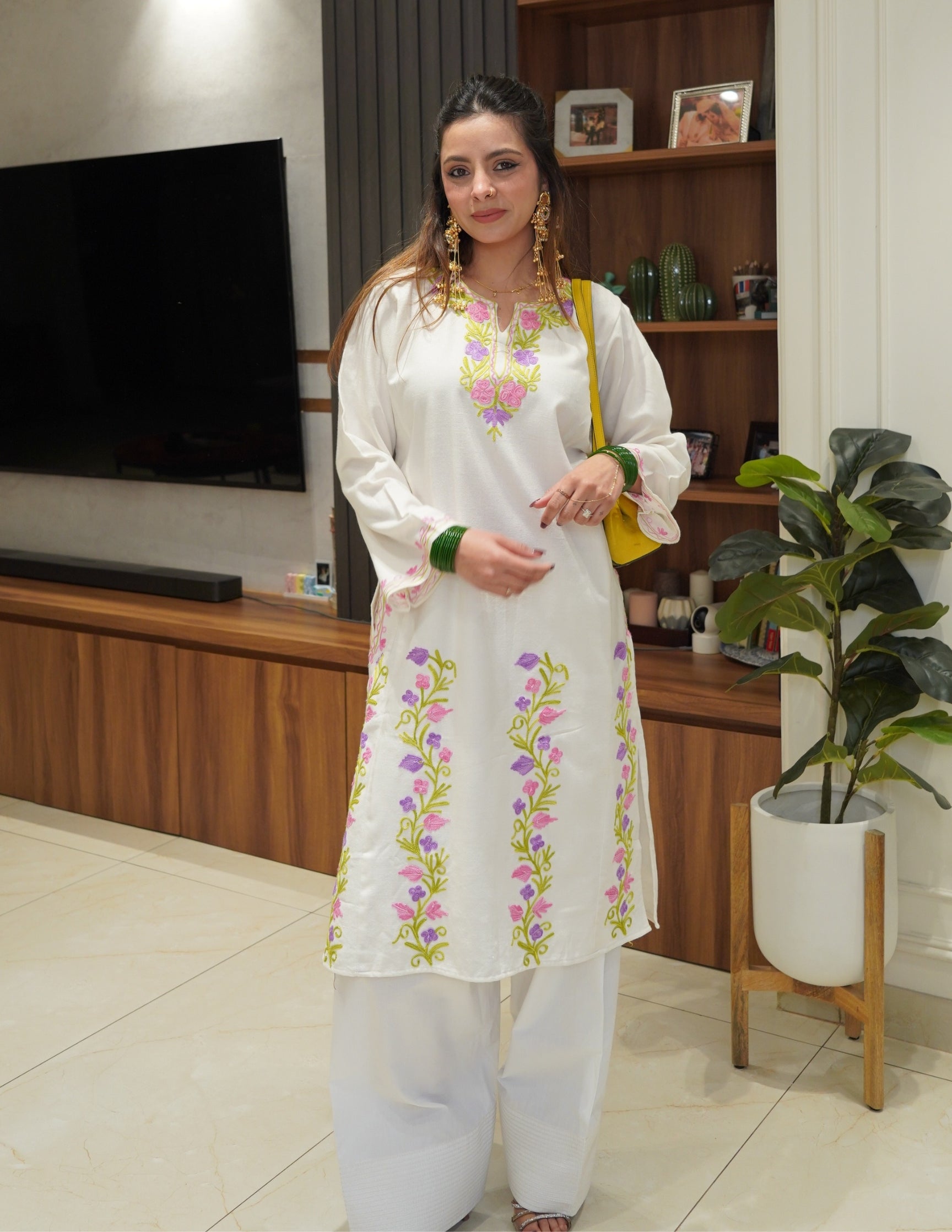 Kashmiri Pink, Green &amp; Purple Aari Embroidered Woollen Phiran – White | Timeless Winter Wear