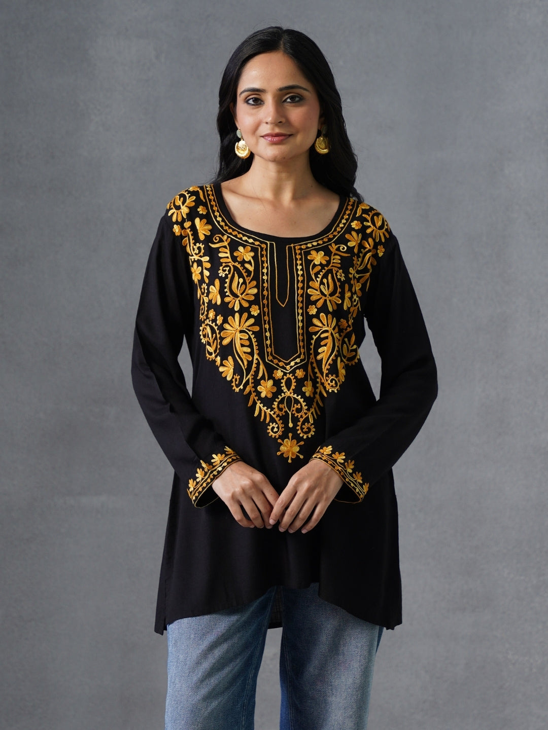 Women’s Black Kashmiri Aari Embroidered Yellow Floral Short Kurti – Casual  Office Wear