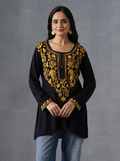 Women’s Black Kashmiri Aari Embroidered Yellow Floral Short Kurti – Casual  Office Wear