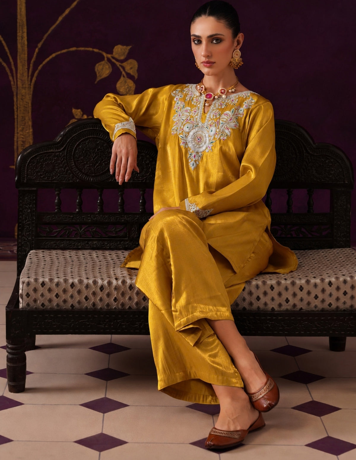 Kashmiri Tilla &amp; Thread Embroidered Silk Co-ord Set – Mustard Yellow