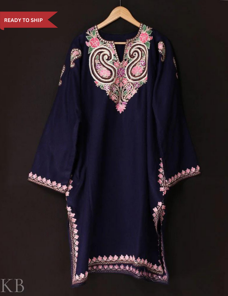 Indigo Blue Aari Zari Embroidered Cashmilon Phiran - Kashmir Box
