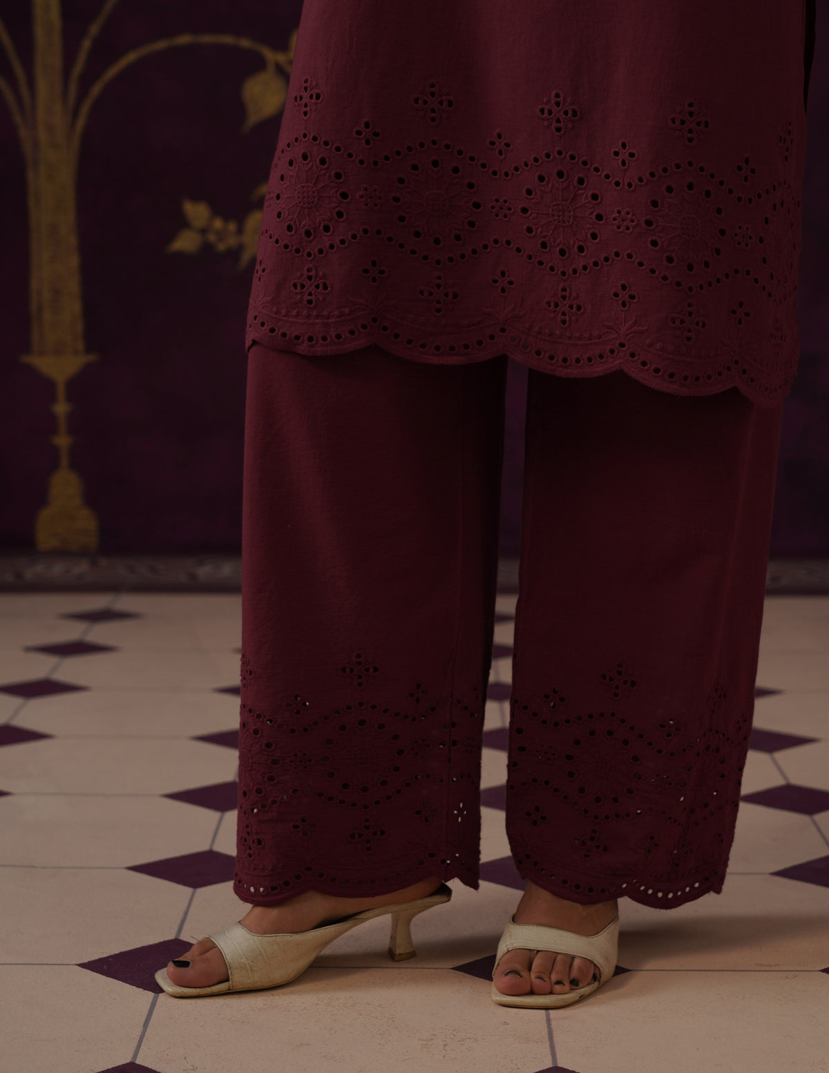 Burgundy Schiffli &amp; Aari Embroidered Cambric Cotton Co-ord Set