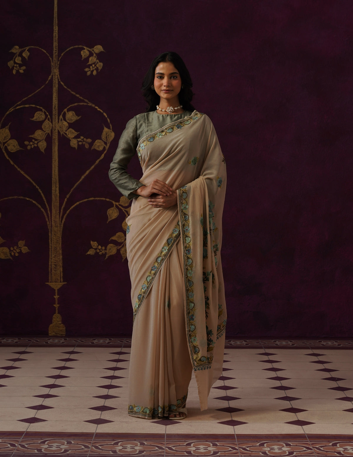 Kashmiri Aari Embroidered Georgette Saree – Beige
