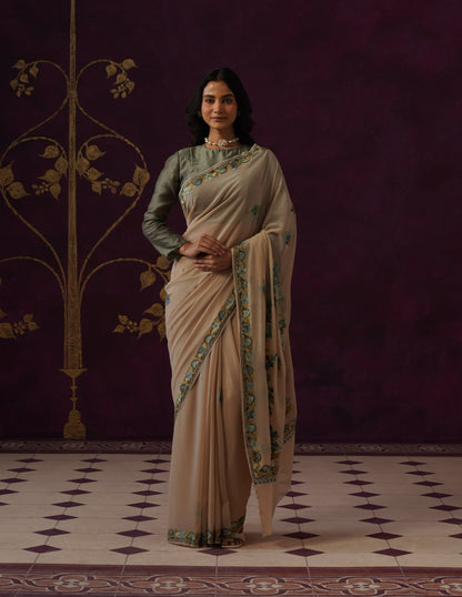 Kashmiri Aari Embroidered Georgette Saree – Beige