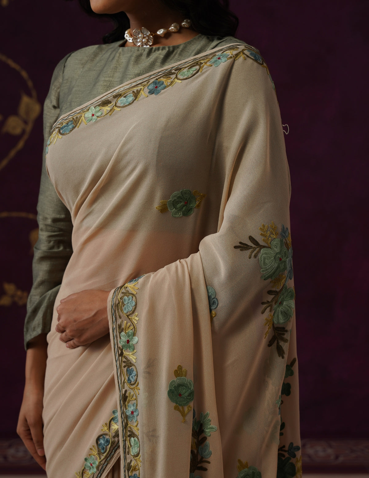 Kashmiri Aari Embroidered Georgette Saree – Beige
