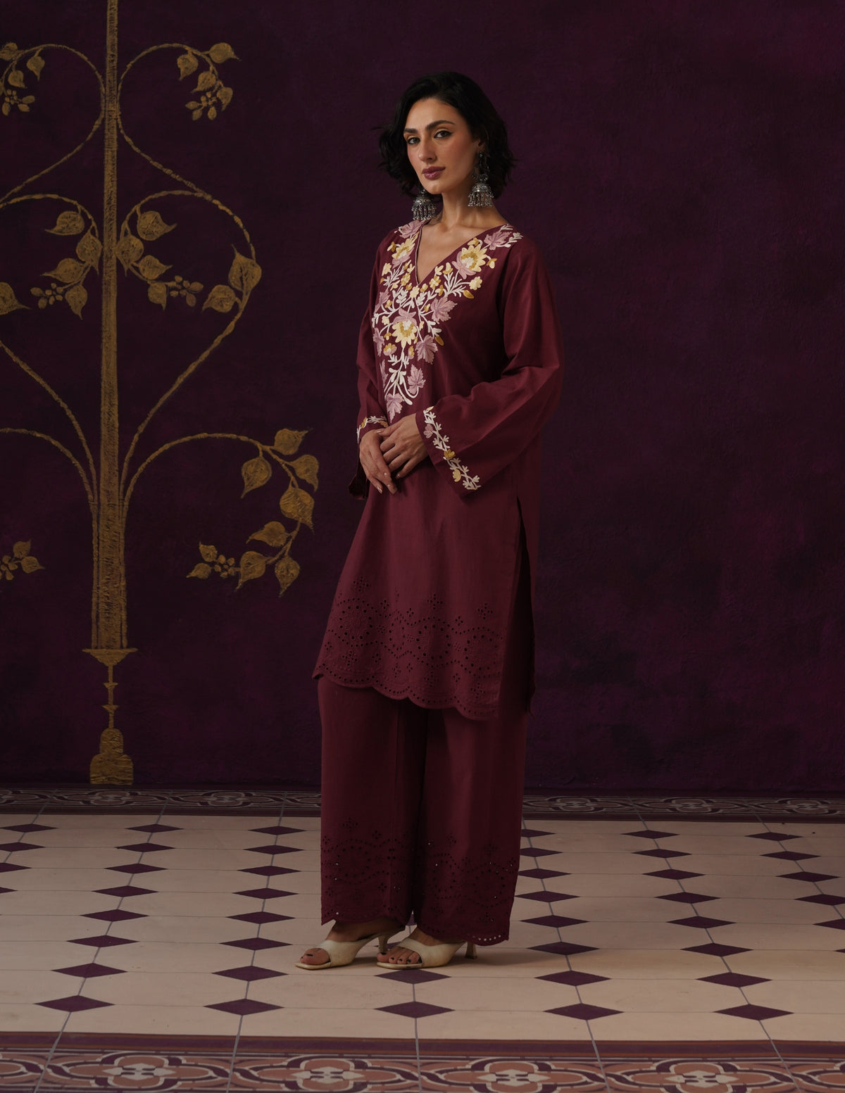 Burgundy Schiffli &amp; Aari Embroidered Cambric Cotton Co-ord Set