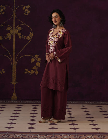 Burgundy Schiffli &amp; Aari Embroidered Cambric Cotton Co-ord Set