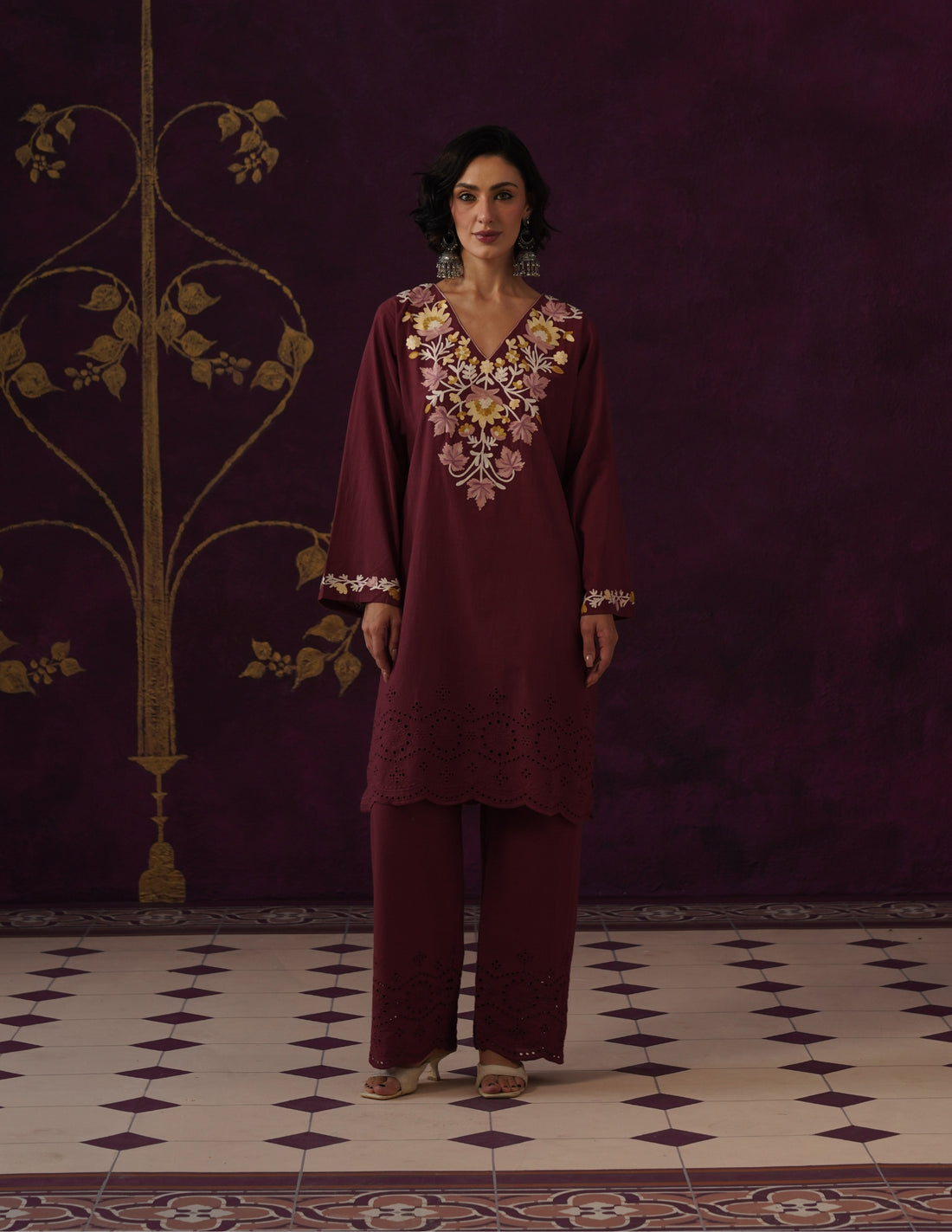 Burgundy Schiffli &amp; Aari Embroidered Cambric Cotton Co-ord Set