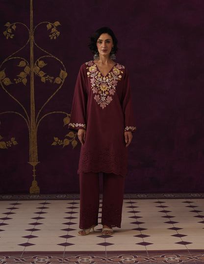 Burgundy Schiffli &amp; Aari Embroidered Cambric Cotton Co-ord Set
