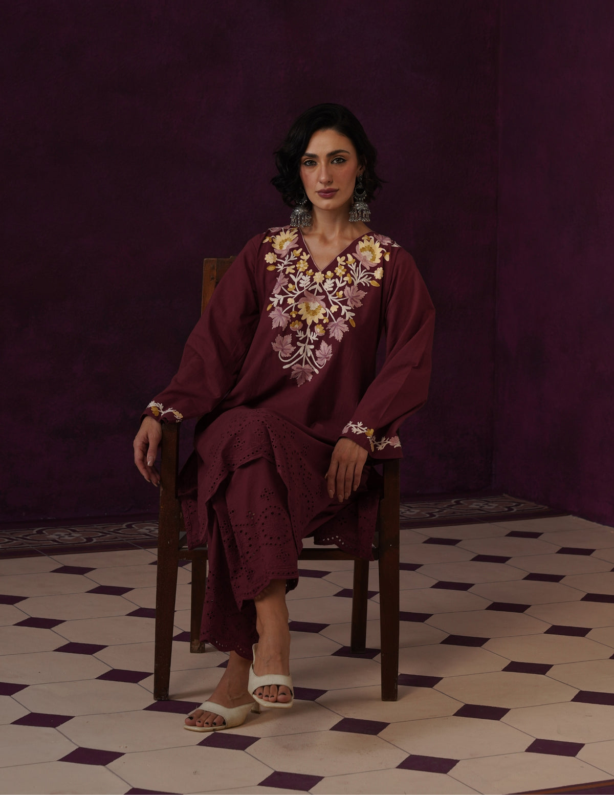 Burgundy Schiffli &amp; Aari Embroidered Cambric Cotton Co-ord Set