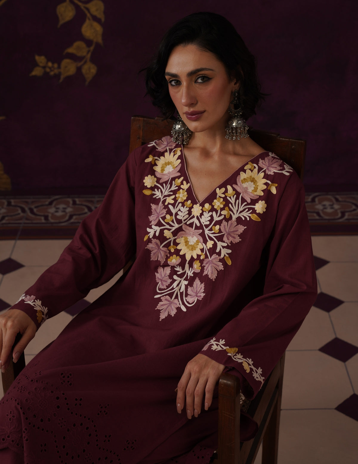 Burgundy Schiffli &amp; Aari Embroidered Cambric Cotton Co-ord Set