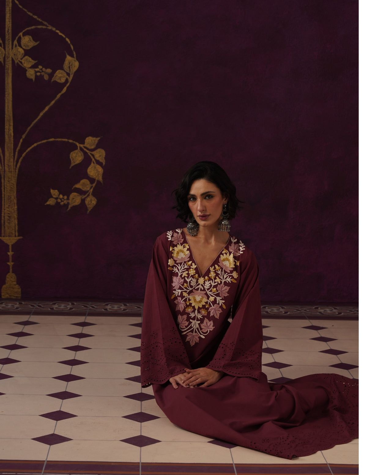 Burgundy Schiffli &amp; Aari Embroidered Cambric Cotton Gown