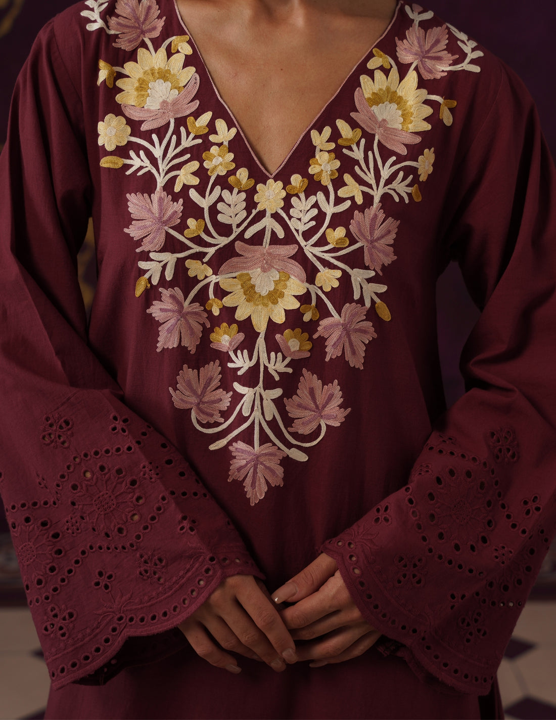 Burgundy Schiffli &amp; Aari Embroidered Cambric Cotton Gown