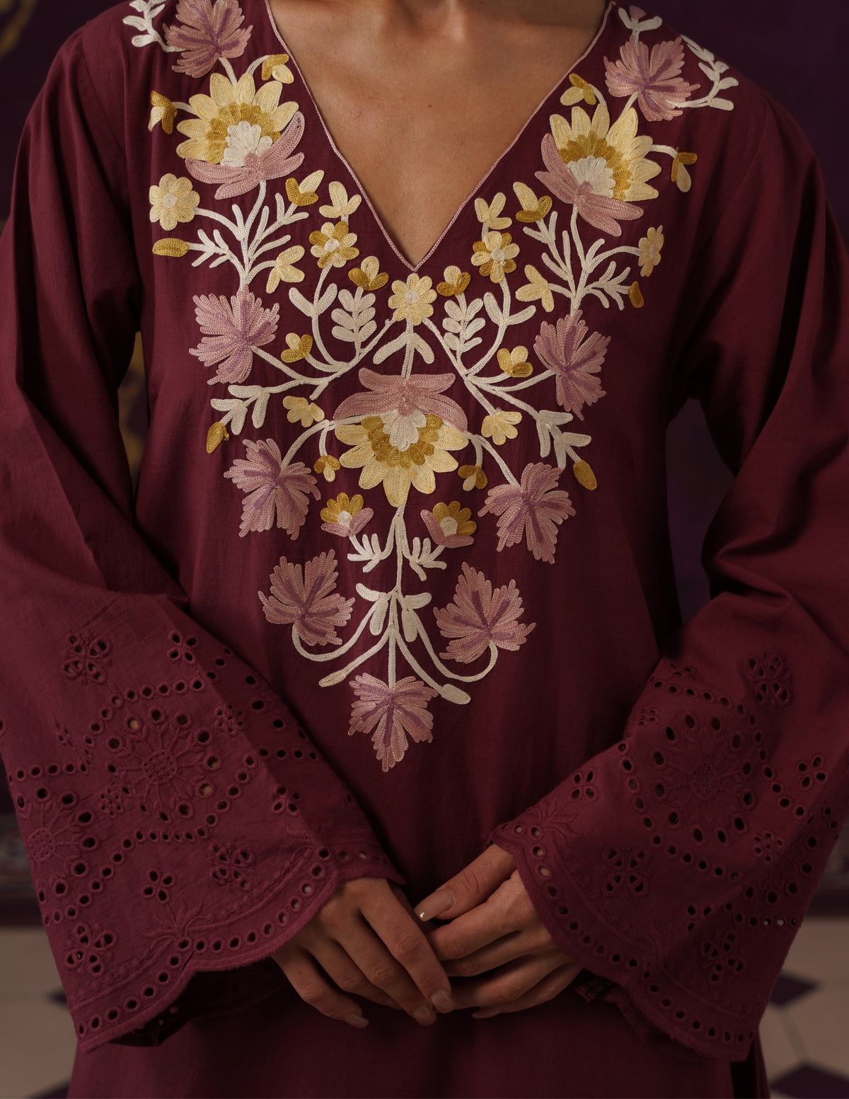 Burgundy Schiffli &amp; Aari Embroidered Cambric Cotton Gown