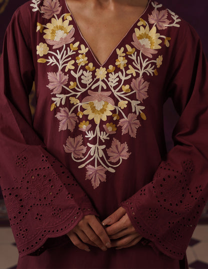 Burgundy Schiffli &amp; Aari Embroidered Cambric Cotton Gown