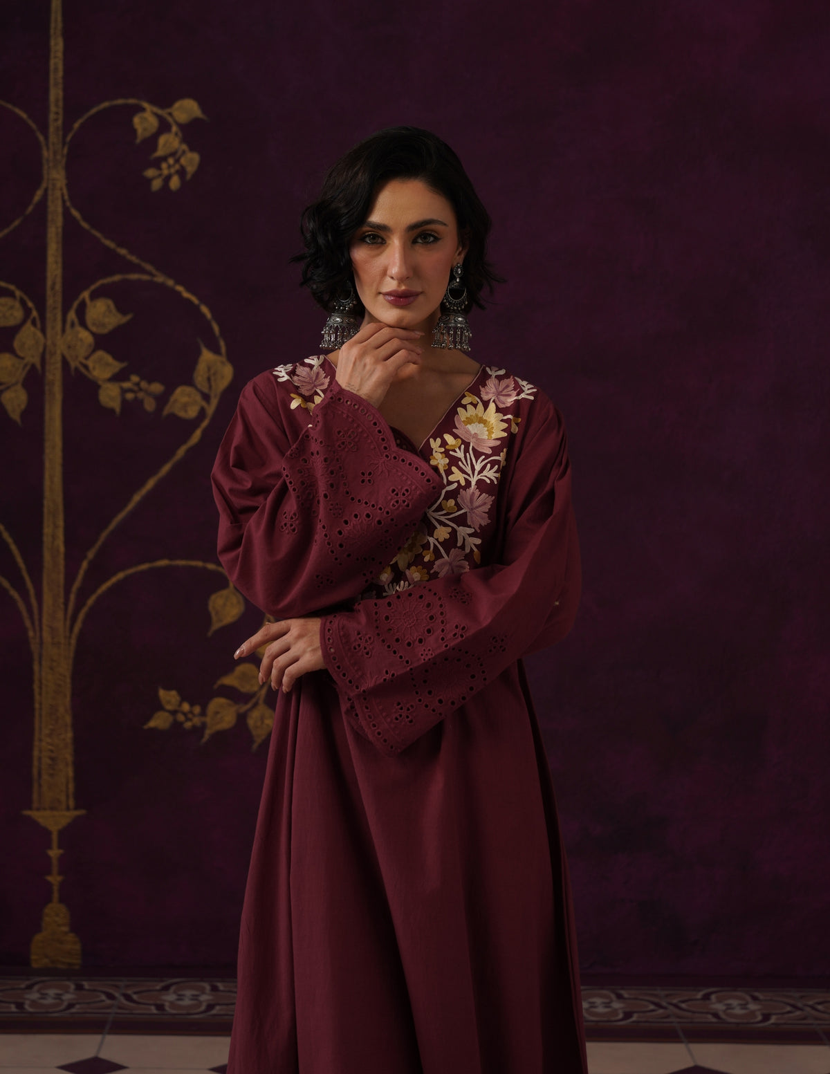 Burgundy Schiffli &amp; Aari Embroidered Cambric Cotton Gown