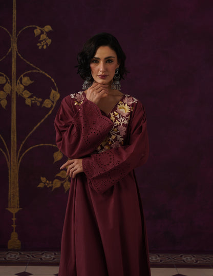 Burgundy Schiffli &amp; Aari Embroidered Cambric Cotton Gown