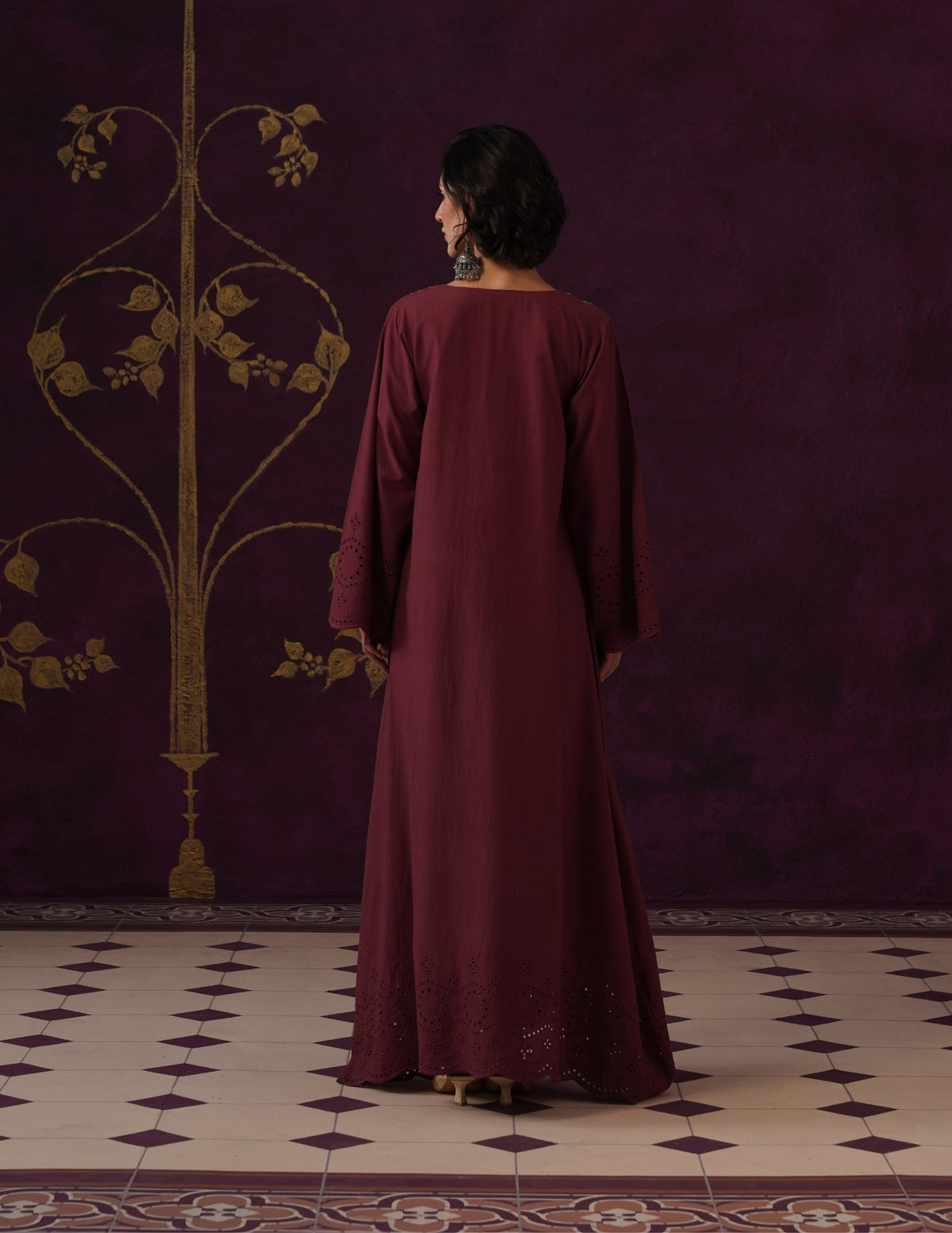 Burgundy Schiffli &amp; Aari Embroidered Cambric Cotton Gown