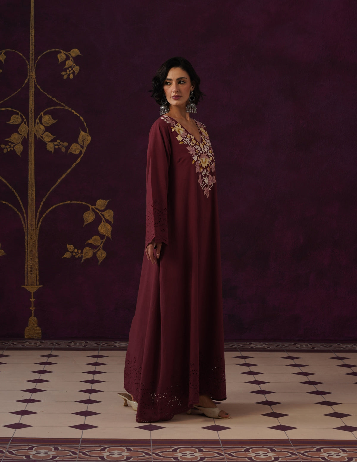 Burgundy Schiffli &amp; Aari Embroidered Cambric Cotton Gown