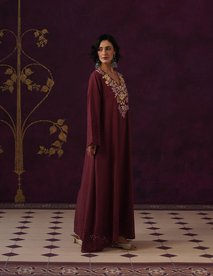 Burgundy Schiffli &amp; Aari Embroidered Cambric Cotton Gown