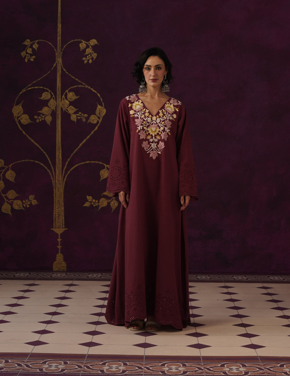 Burgundy Schiffli &amp; Aari Embroidered Cambric Cotton Gown