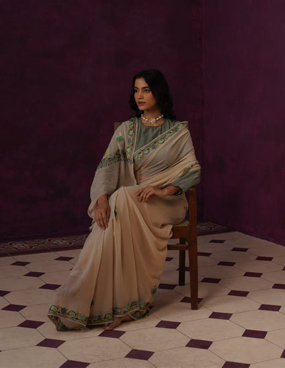 Kashmiri Aari Embroidered Georgette Saree – Beige