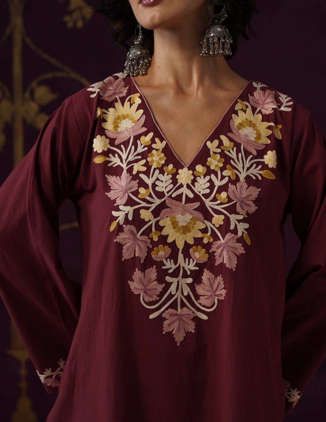 Burgundy Schiffli &amp; Aari Embroidered Cambric Cotton Co-ord Set