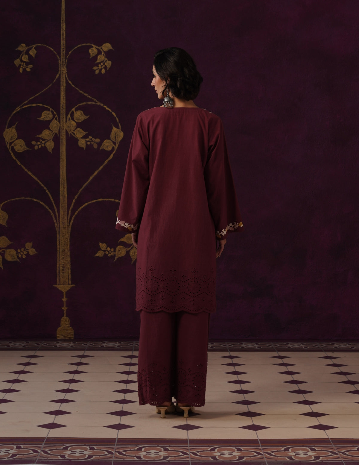 Burgundy Schiffli &amp; Aari Embroidered Cambric Cotton Co-ord Set