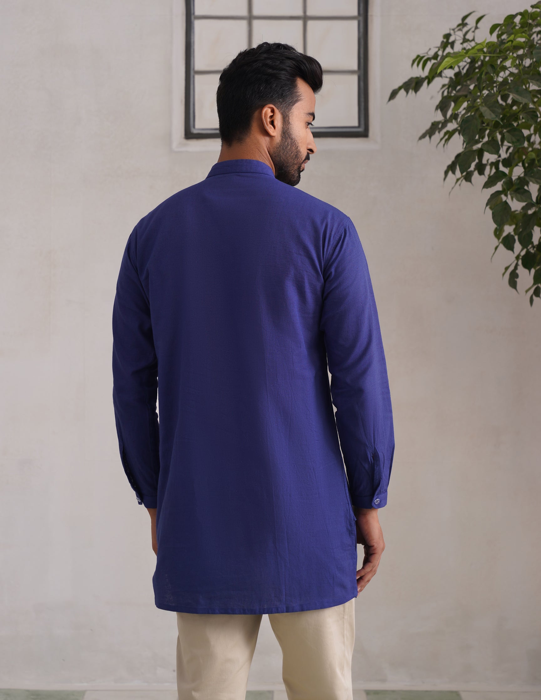 Kashmiri Sozni Embroidered Linen Cotton Short Kurta – Blue | Handcrafted Heritage - Kashmir Box