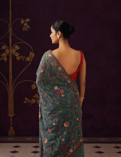 Kashmiri Aari Embroidered Georgette Saree – Pine Green