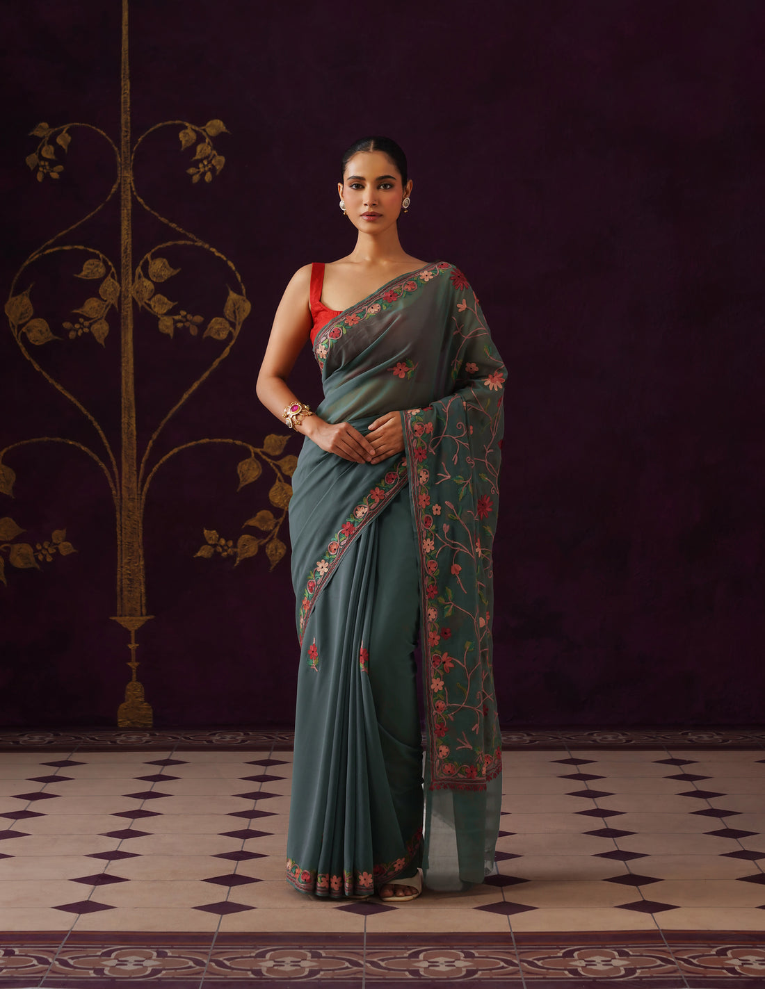 Kashmiri Aari Embroidered Georgette Saree – Pine Green