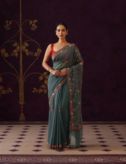 Kashmiri Aari Embroidered Georgette Saree – Pine Green